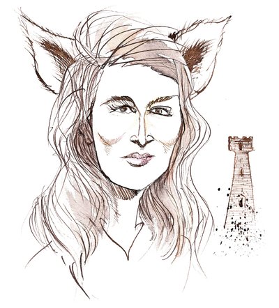 Angela Carter, English novelist and journalist; caricatured with wolf-ears in reference to her story The Company of Wolves by Neale Osborne